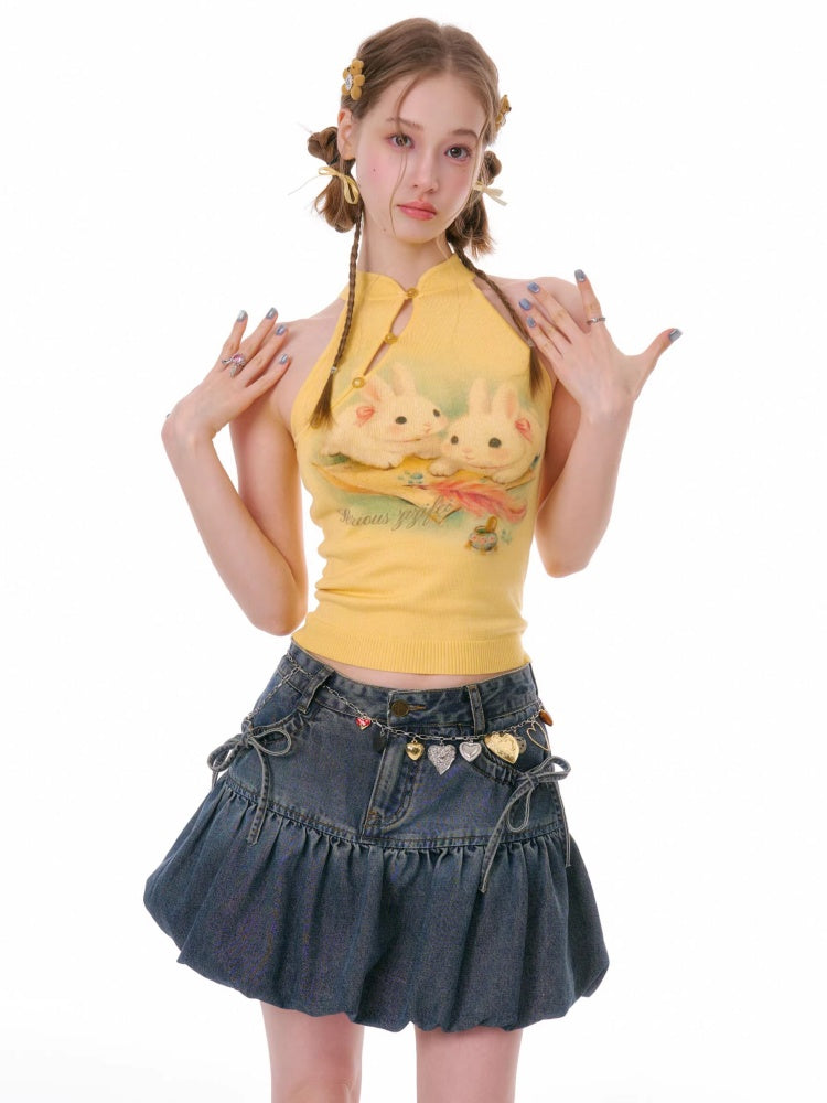 Rabbit Print Chinese Halter-Neck Knitted Vest【s0000016331】