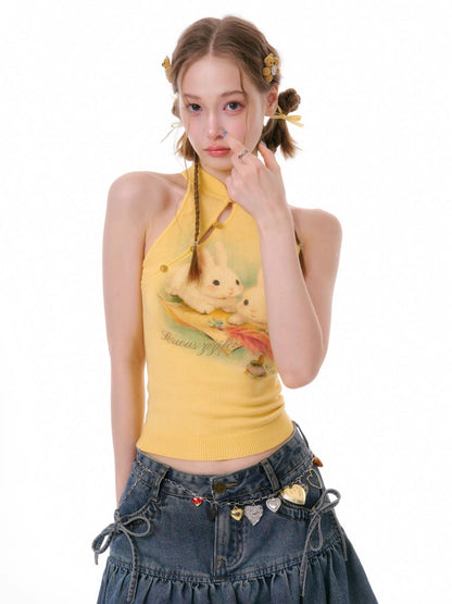 Rabbit Print Chinese Halter-Neck Knitted Vest【s0000016331】
