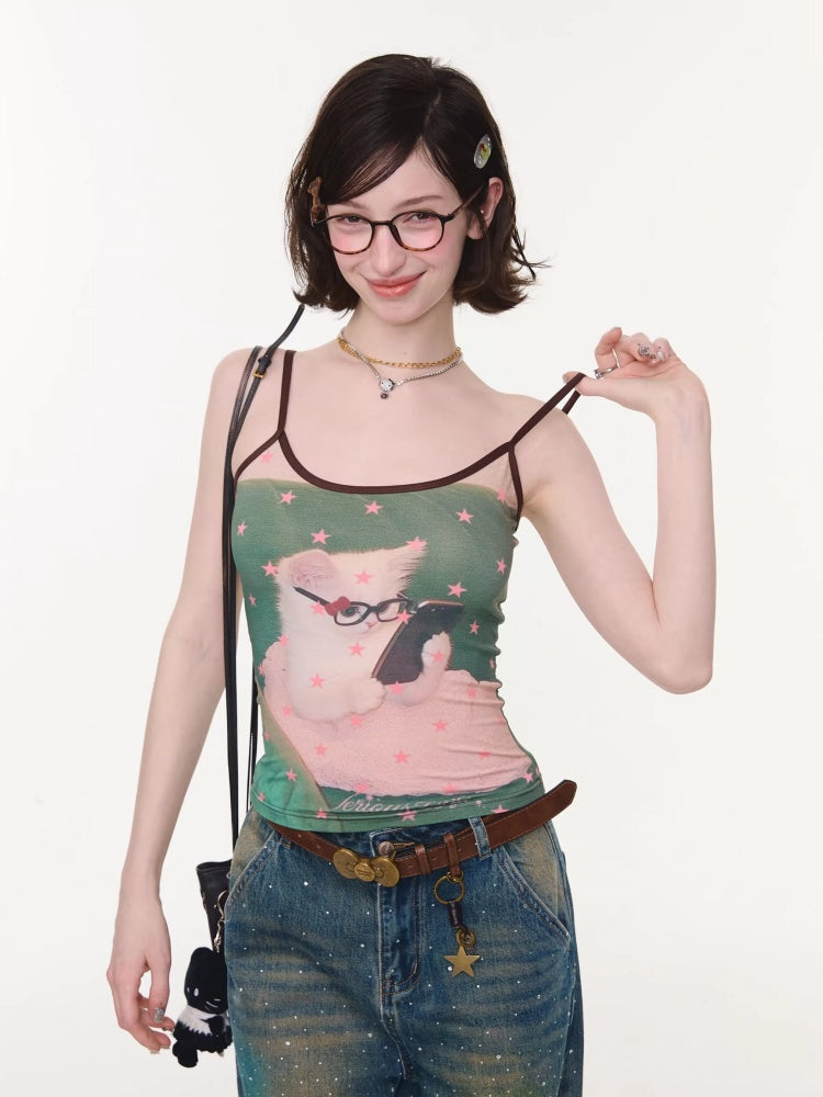 Star Polka Dot Cat Print Camisole【s0000016332】