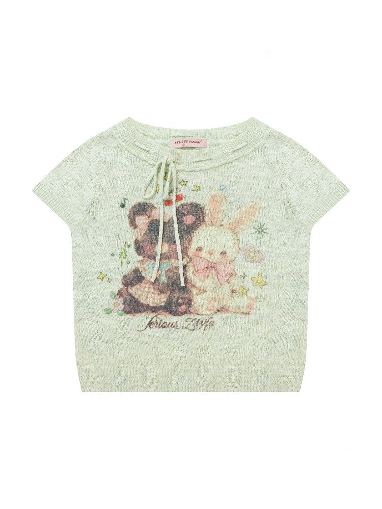 Bear Rabbit Print Strap Crew Neck Short Sleeve T-Shirt Light Green【s0000016333】