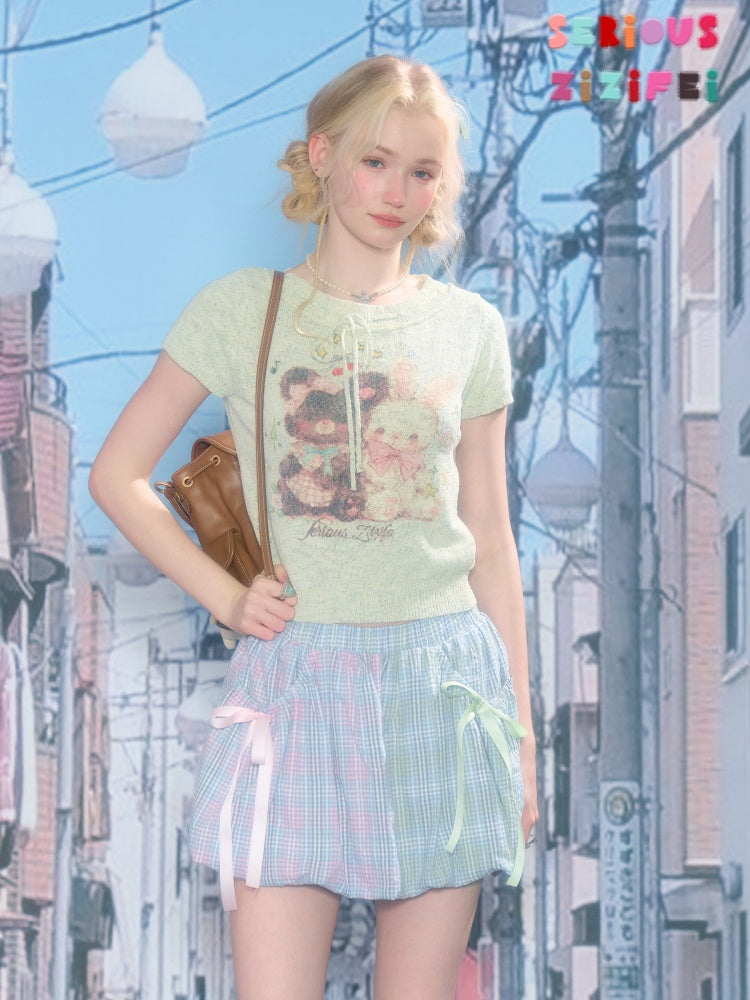 Bear Rabbit Print Strap Crew Neck Short Sleeve T-Shirt Light Green【s0000016333】