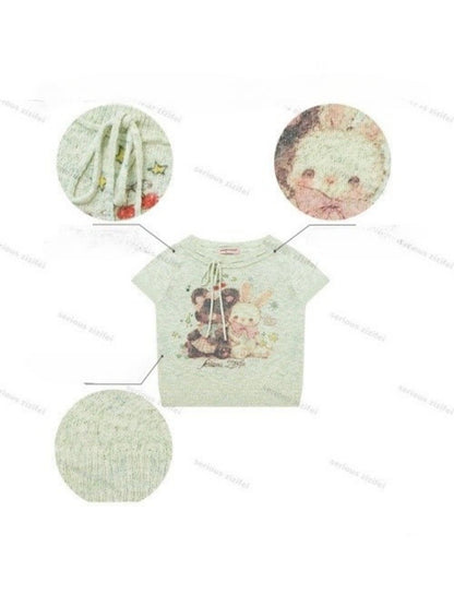 Bear Rabbit Print Strap Crew Neck Short Sleeve T-Shirt Light Green【s0000016333】