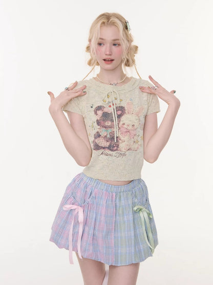 Bear Rabbit Print Strap Crew Neck Short Sleeve T-Shirt Light Green【s0000016333】