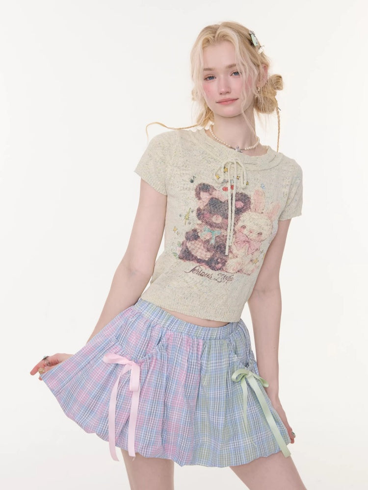 Bear Rabbit Print Strap Crew Neck Short Sleeve T-Shirt Light Green【s0000016333】