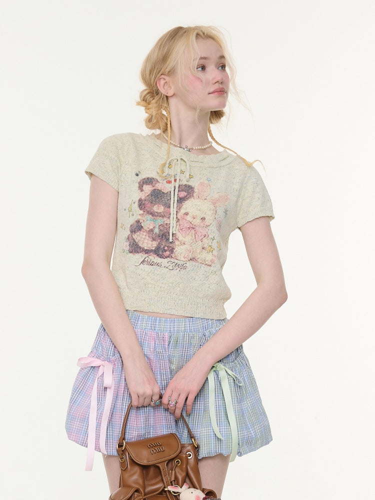 Bear Rabbit Print Strap Crew Neck Short Sleeve T-Shirt Light Green【s0000016333】