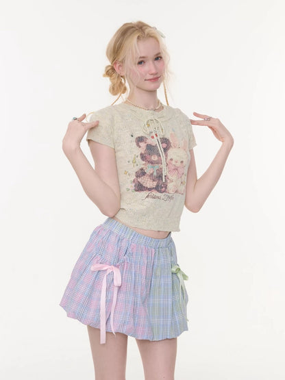 Bear Rabbit Print Strap Crew Neck Short Sleeve T-Shirt Light Green【s0000016333】