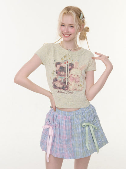 Bear Rabbit Print Strap Crew Neck Short Sleeve T-Shirt Light Green【s0000016333】