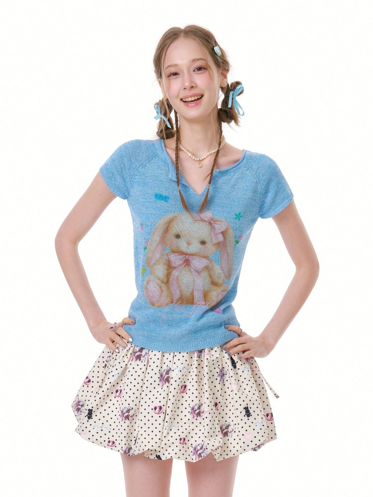 Rabbit Print V-Neck Knitted Short Sleeve T-Shirt【s0000016334】
