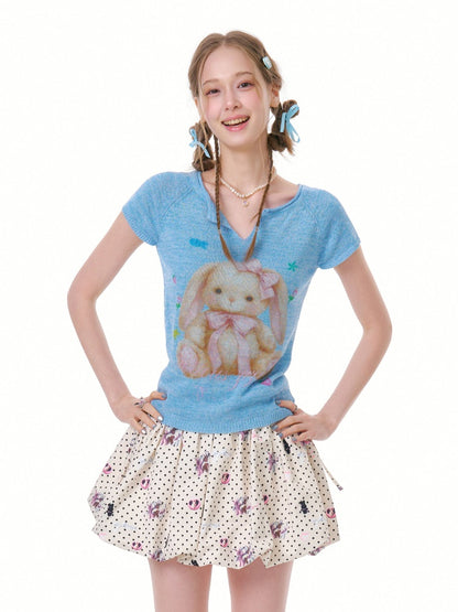 Rabbit Print V-Neck Knitted Short Sleeve T-Shirt【s0000016334】