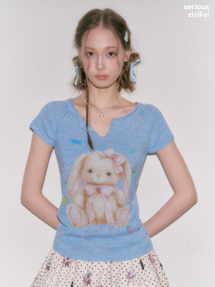 Rabbit Print V-Neck Knitted Short Sleeve T-Shirt【s0000016334】