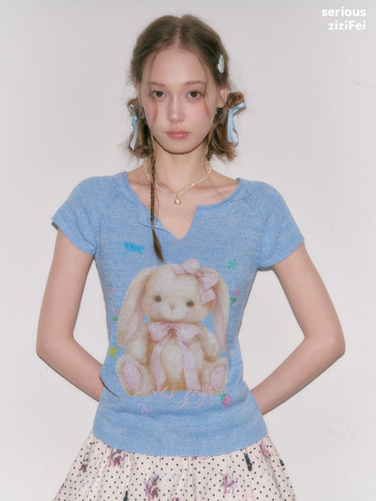Rabbit Print V-Neck Knitted Short Sleeve T-Shirt【s0000016334】