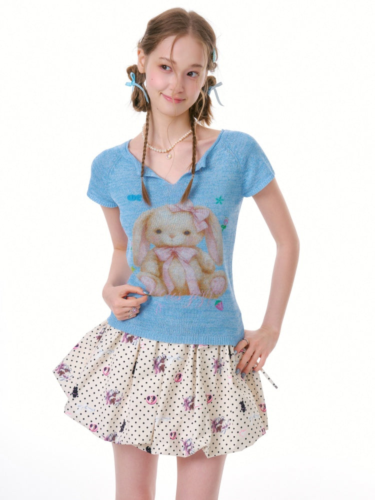 Rabbit Print V-Neck Knitted Short Sleeve T-Shirt【s0000016334】