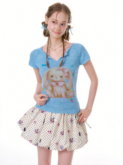 Rabbit Print V-Neck Knitted Short Sleeve T-Shirt【s0000016334】