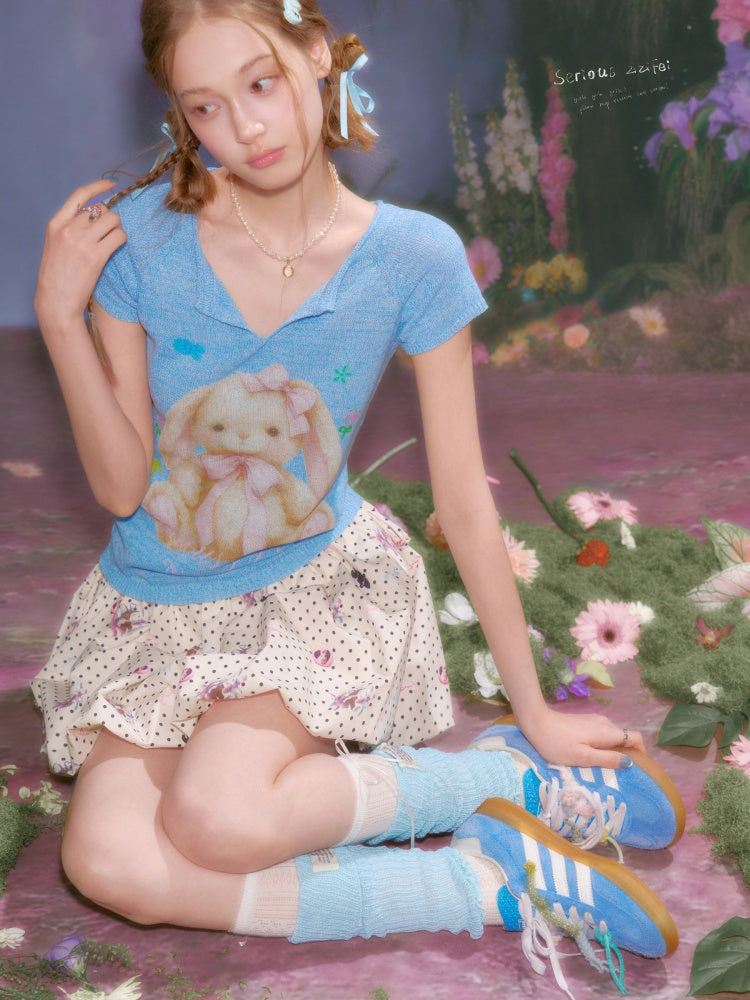 Rabbit Print V-Neck Knitted Short Sleeve T-Shirt【s0000016334】