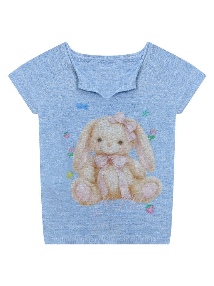 Rabbit Print V-Neck Knitted Short Sleeve T-Shirt【s0000016334】