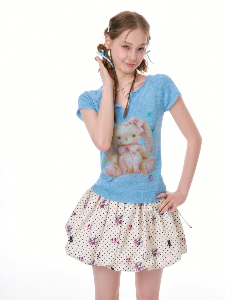 Rabbit Print V-Neck Knitted Short Sleeve T-Shirt【s0000016334】