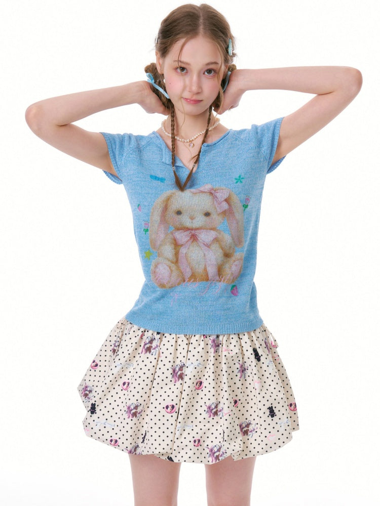 Rabbit Print V-Neck Knitted Short Sleeve T-Shirt【s0000016334】