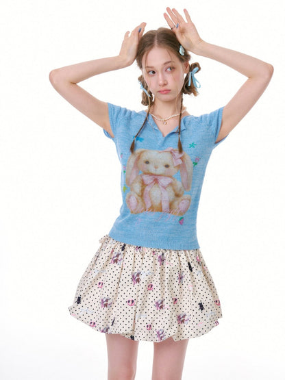 Rabbit Print V-Neck Knitted Short Sleeve T-Shirt【s0000016334】