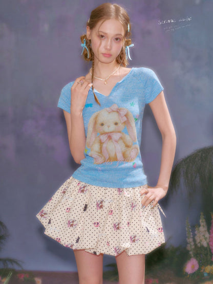Rabbit Print V-Neck Knitted Short Sleeve T-Shirt【s0000016334】