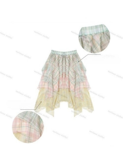 Macaron Plaid Irregular Chiffon Cake Gauze Skirt【s0000016335】