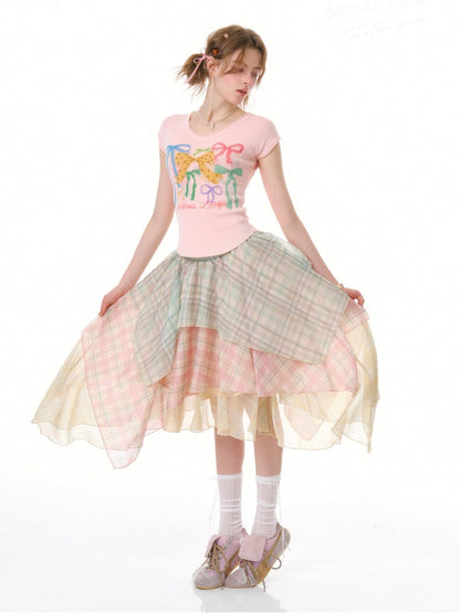 Macaron Plaid Irregular Chiffon Cake Gauze Skirt【s0000016335】