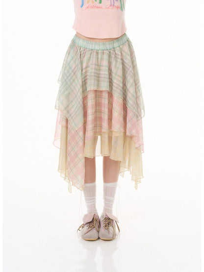 Macaron Plaid Irregular Chiffon Cake Gauze Skirt【s0000016335】