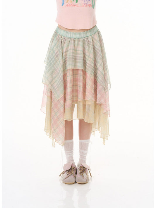 Macaron Plaid Irregular Chiffon Cake Gauze Skirt【s0000016335】