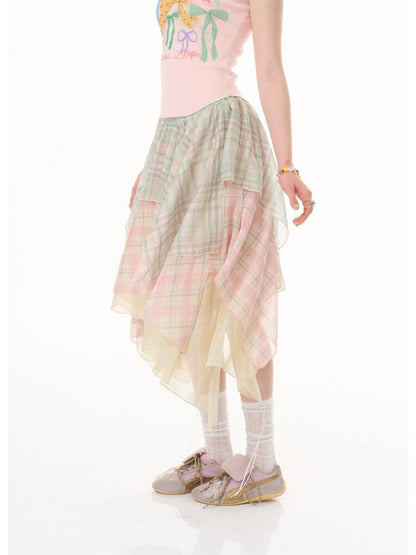 Macaron Plaid Irregular Chiffon Cake Gauze Skirt【s0000016335】