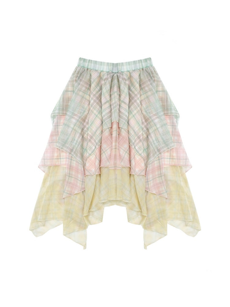 Macaron Plaid Irregular Chiffon Cake Gauze Skirt【s0000016335】