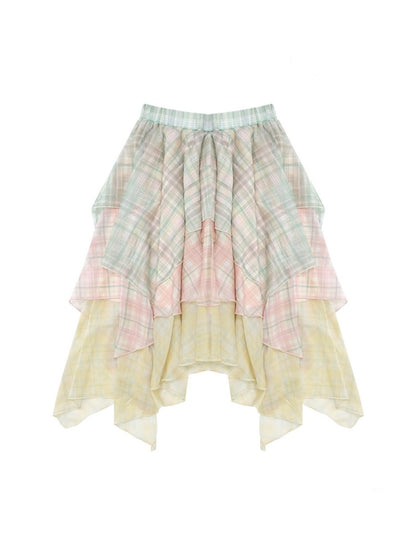 Macaron Plaid Irregular Chiffon Cake Gauze Skirt【s0000016335】
