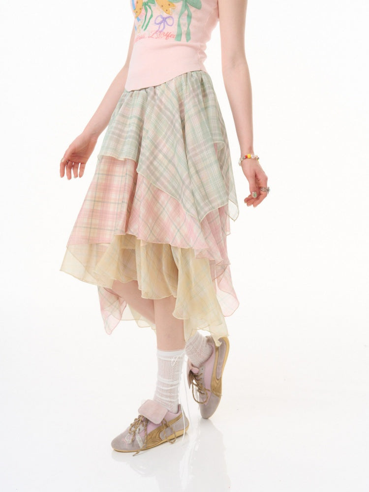 Macaron Plaid Irregular Chiffon Cake Gauze Skirt【s0000016335】