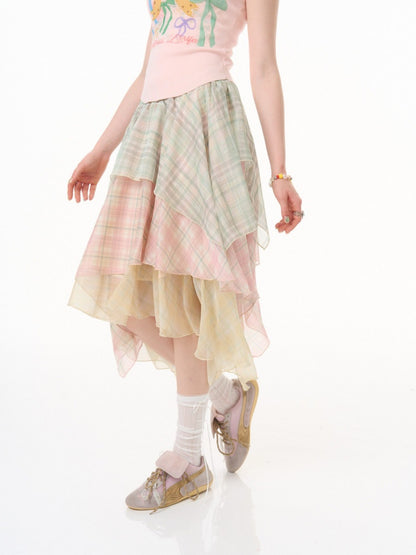Macaron Plaid Irregular Chiffon Cake Gauze Skirt【s0000016335】