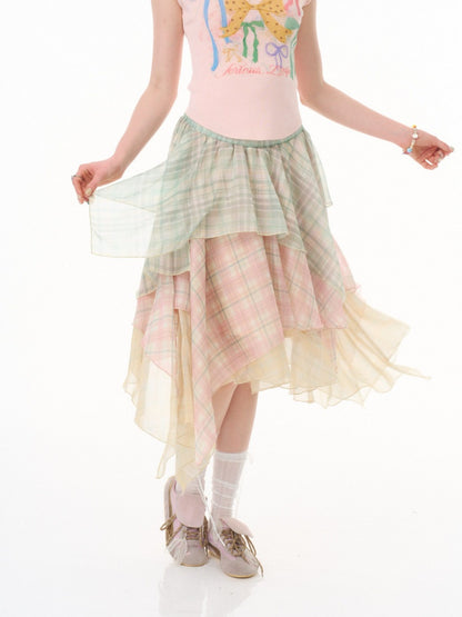 Macaron Plaid Irregular Chiffon Cake Gauze Skirt【s0000016335】