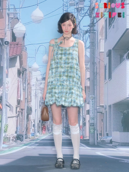 Square Neck Bow Waist Plaid Pocket Dress【s0000016336】