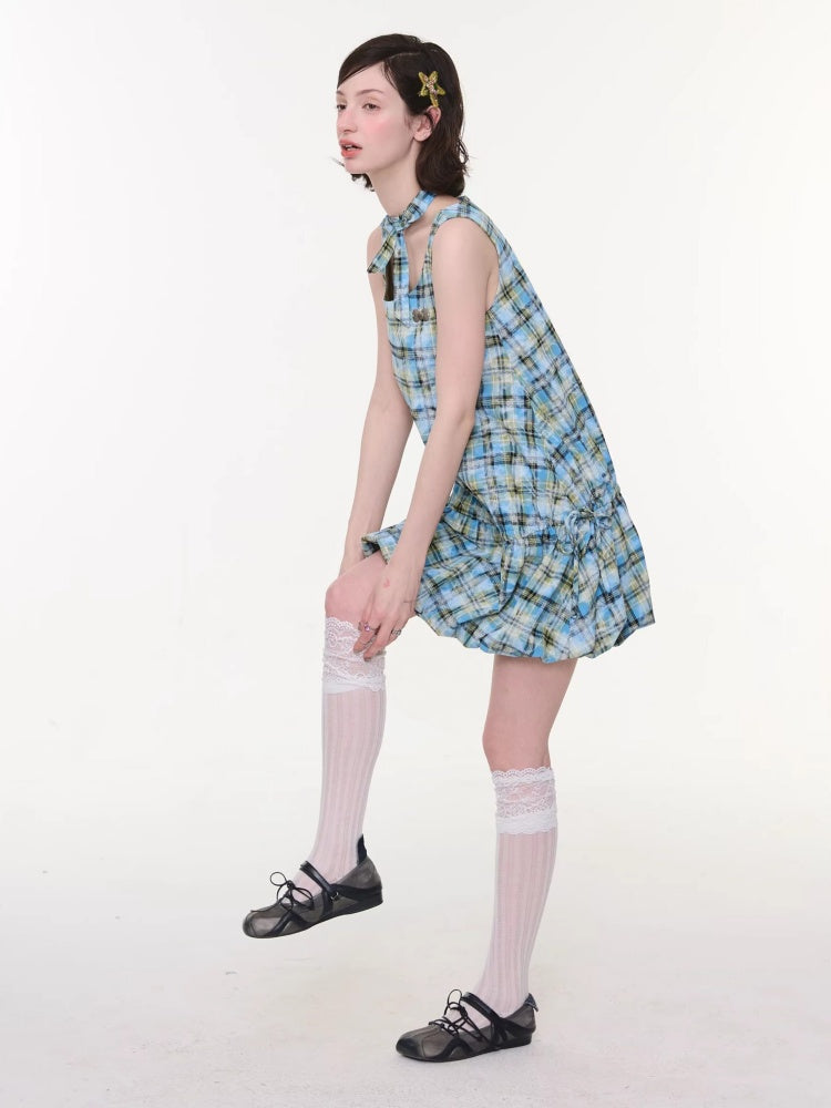 Square Neck Bow Waist Plaid Pocket Dress【s0000016336】