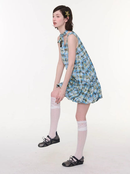 Square Neck Bow Waist Plaid Pocket Dress【s0000016336】