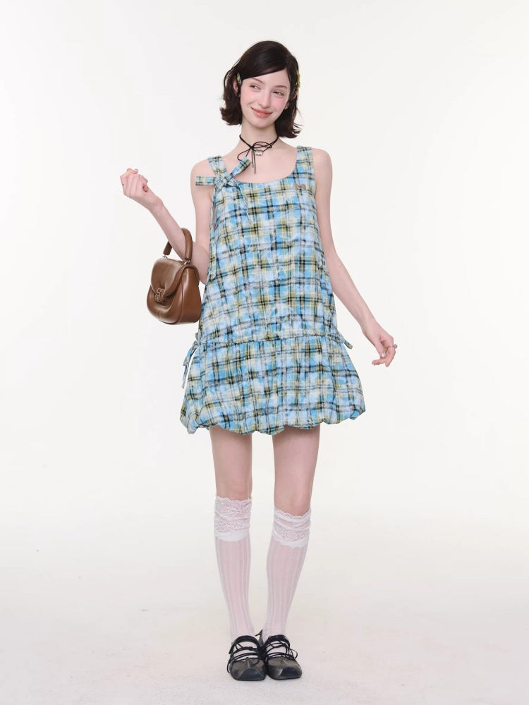 Square Neck Bow Waist Plaid Pocket Dress【s0000016336】