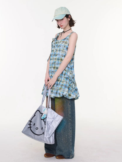 Square Neck Bow Waist Plaid Pocket Dress【s0000016336】