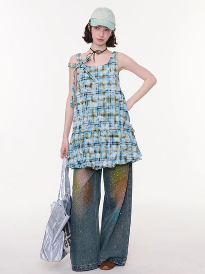 Square Neck Bow Waist Plaid Pocket Dress【s0000016336】