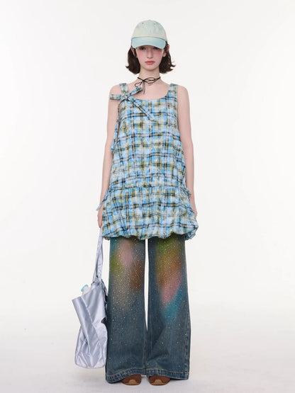 Square Neck Bow Waist Plaid Pocket Dress【s0000016336】