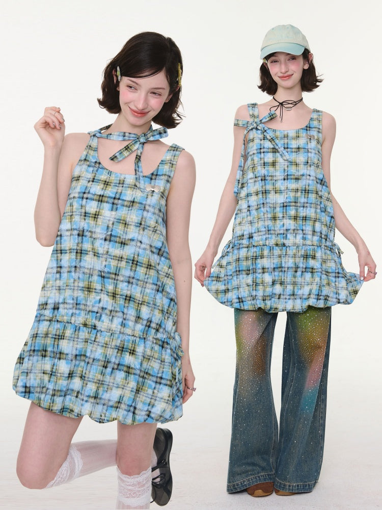Square Neck Bow Waist Plaid Pocket Dress【s0000016336】