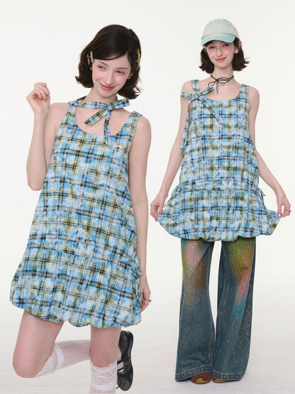 Square Neck Bow Waist Plaid Pocket Dress【s0000016336】