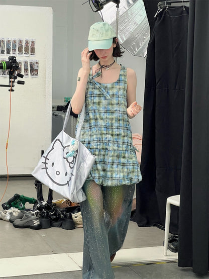 Square Neck Bow Waist Plaid Pocket Dress【s0000016336】