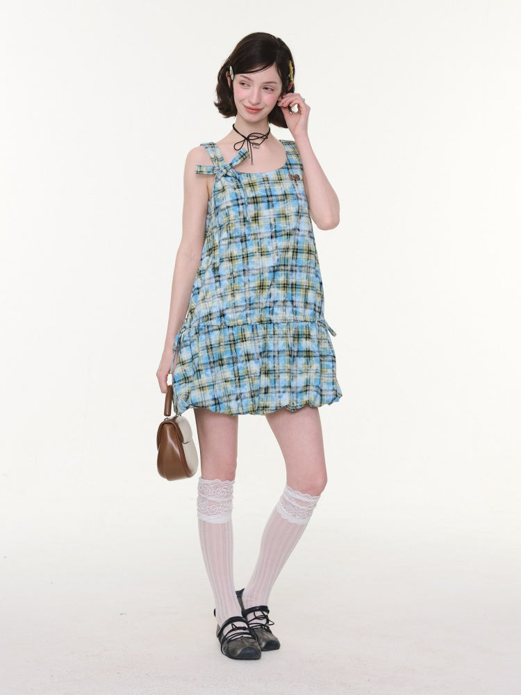 Square Neck Bow Waist Plaid Pocket Dress【s0000016336】