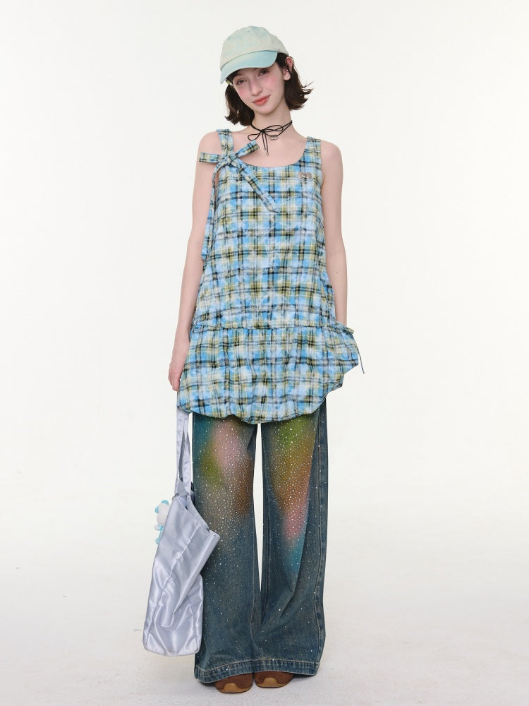 Square Neck Bow Waist Plaid Pocket Dress【s0000016336】