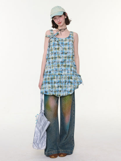 Square Neck Bow Waist Plaid Pocket Dress【s0000016336】