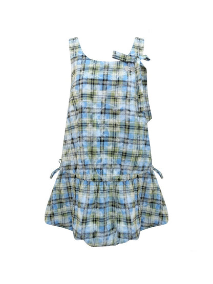Square Neck Bow Waist Plaid Pocket Dress【s0000016336】