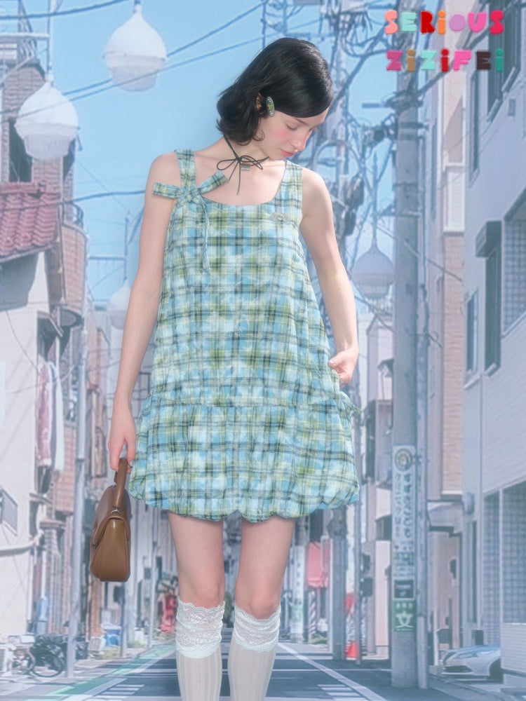 Square Neck Bow Waist Plaid Pocket Dress【s0000016336】