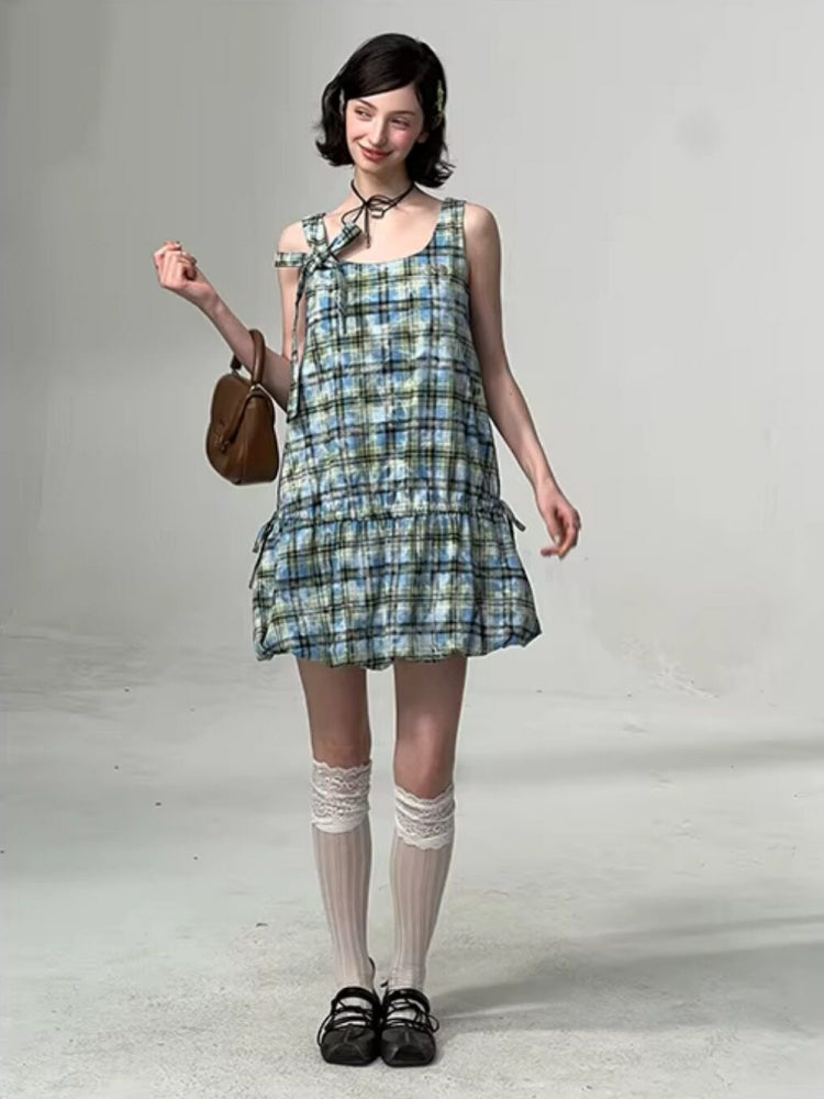 Square Neck Bow Waist Plaid Pocket Dress【s0000016336】