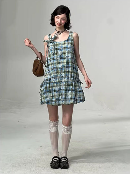 Square Neck Bow Waist Plaid Pocket Dress【s0000016336】